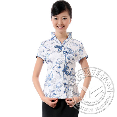 【工廠新款直銷批發 純白短袖藍玫瑰中式促銷農家樂服務員工作服】價格,廠家,圖片,制服、工作服,廣州市海珠區有發服裝商行-